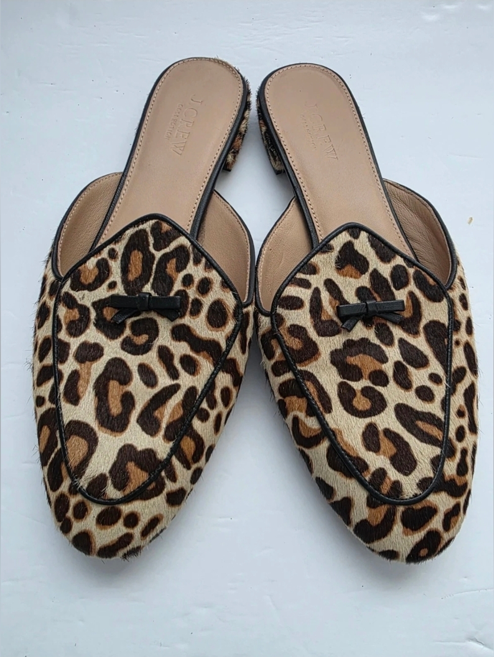 J. Crew Collection Women's Piped Loafer Mules Calf Hair in Leopard Print Sz 8.5